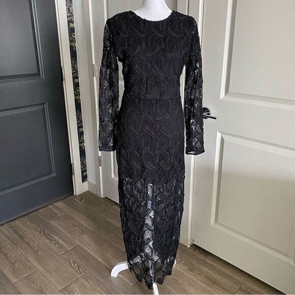 NWT Maje Rosane Black Long Sleeve Lace Overlay Maxi Dress with Open Back Size M - Picture 1 of 9